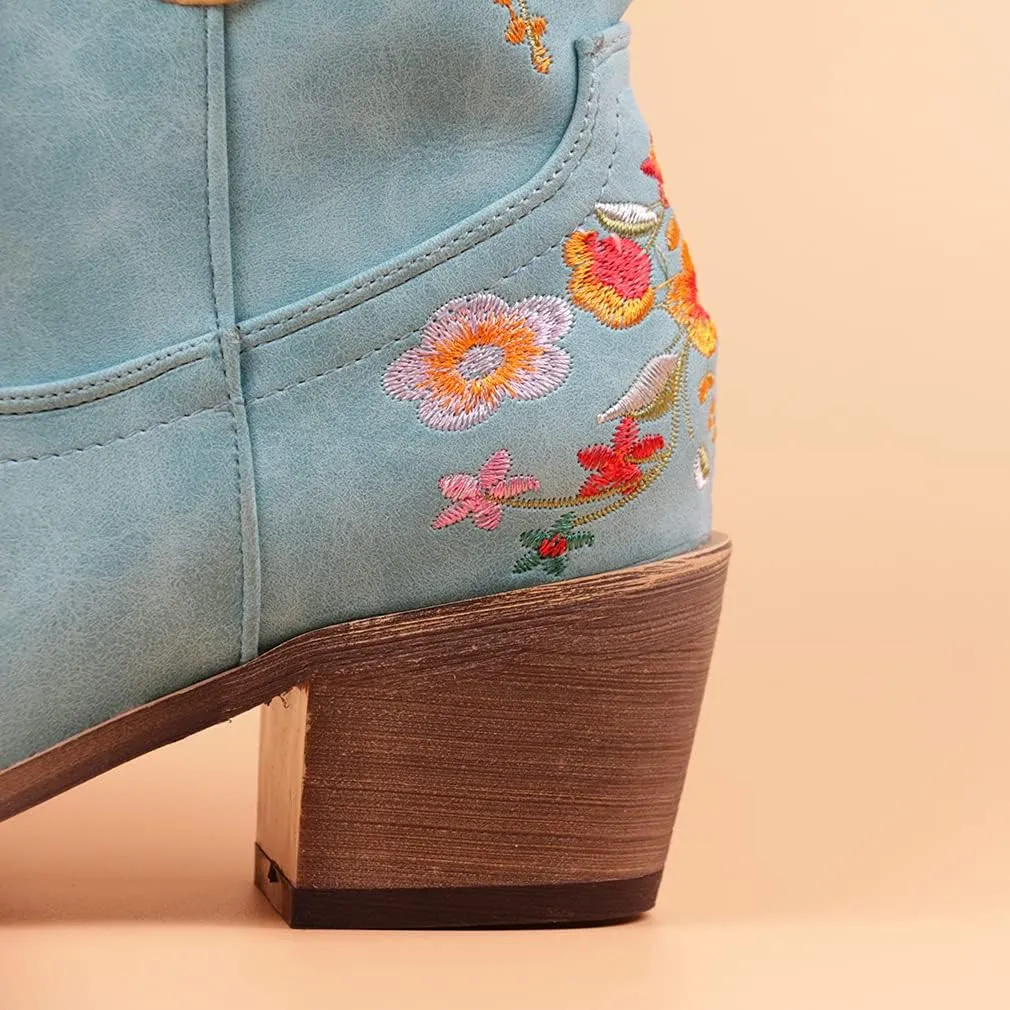CRYSIGNE Women Flower Embroidered Ankle Cowgirl Boots Square Toe Western Boots Chunky Heel Pull On Short Boots