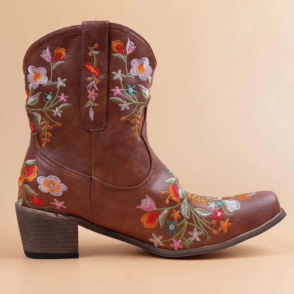 CRYSIGNE Women Flower Embroidered Ankle Cowgirl Boots Square Toe Western Boots Chunky Heel Pull On Short Boots