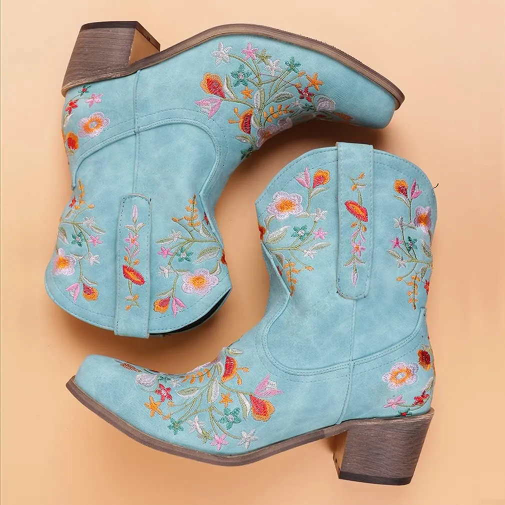 CRYSIGNE Women Flower Embroidered Ankle Cowgirl Boots Square Toe Western Boots Chunky Heel Pull On Short Boots