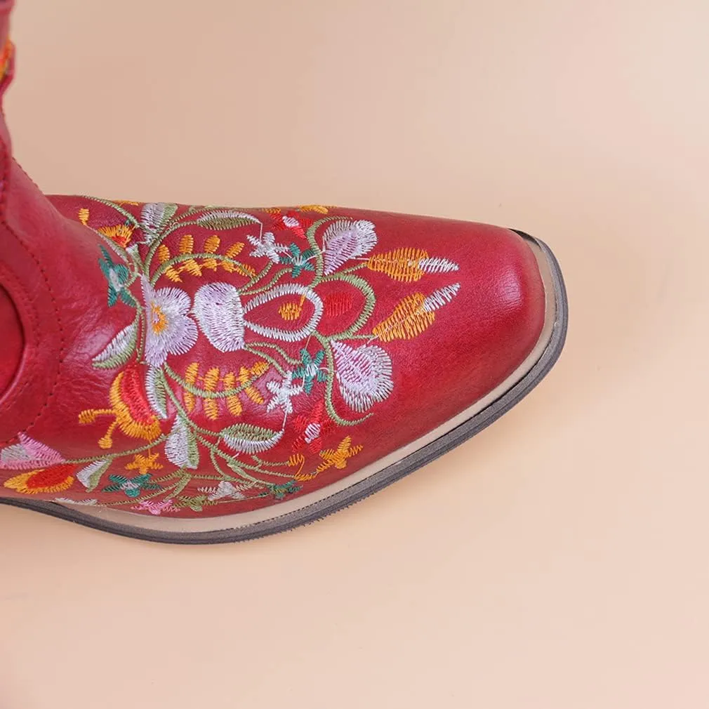 CRYSIGNE Women Flower Embroidered Ankle Cowgirl Boots Square Toe Western Boots Chunky Heel Pull On Short Boots