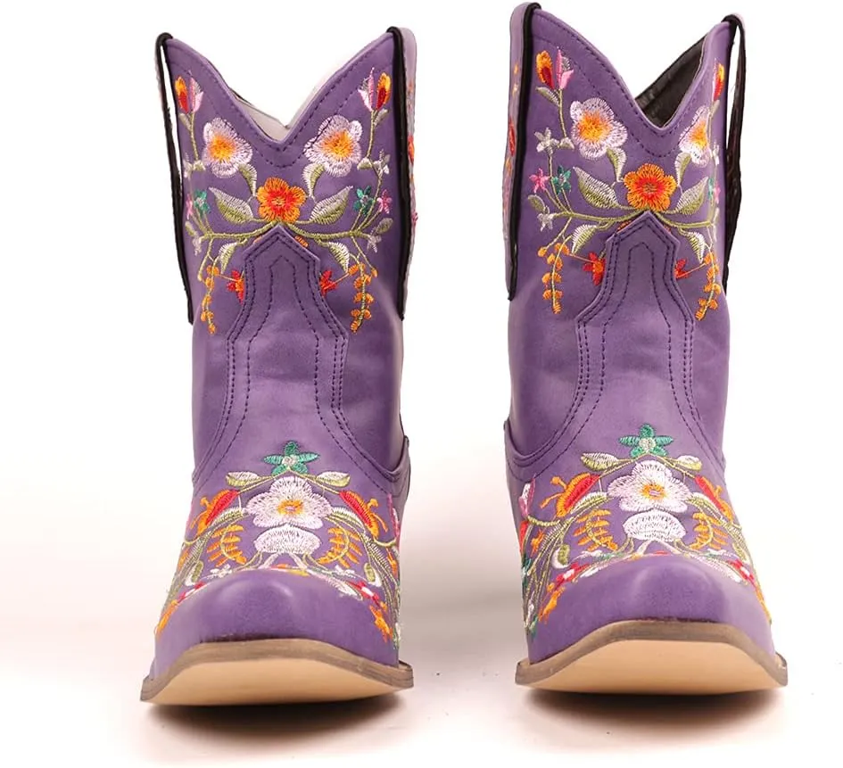 CRYSIGNE Women Flower Embroidered Ankle Cowgirl Boots Square Toe Western Boots Chunky Heel Pull On Short Boots
