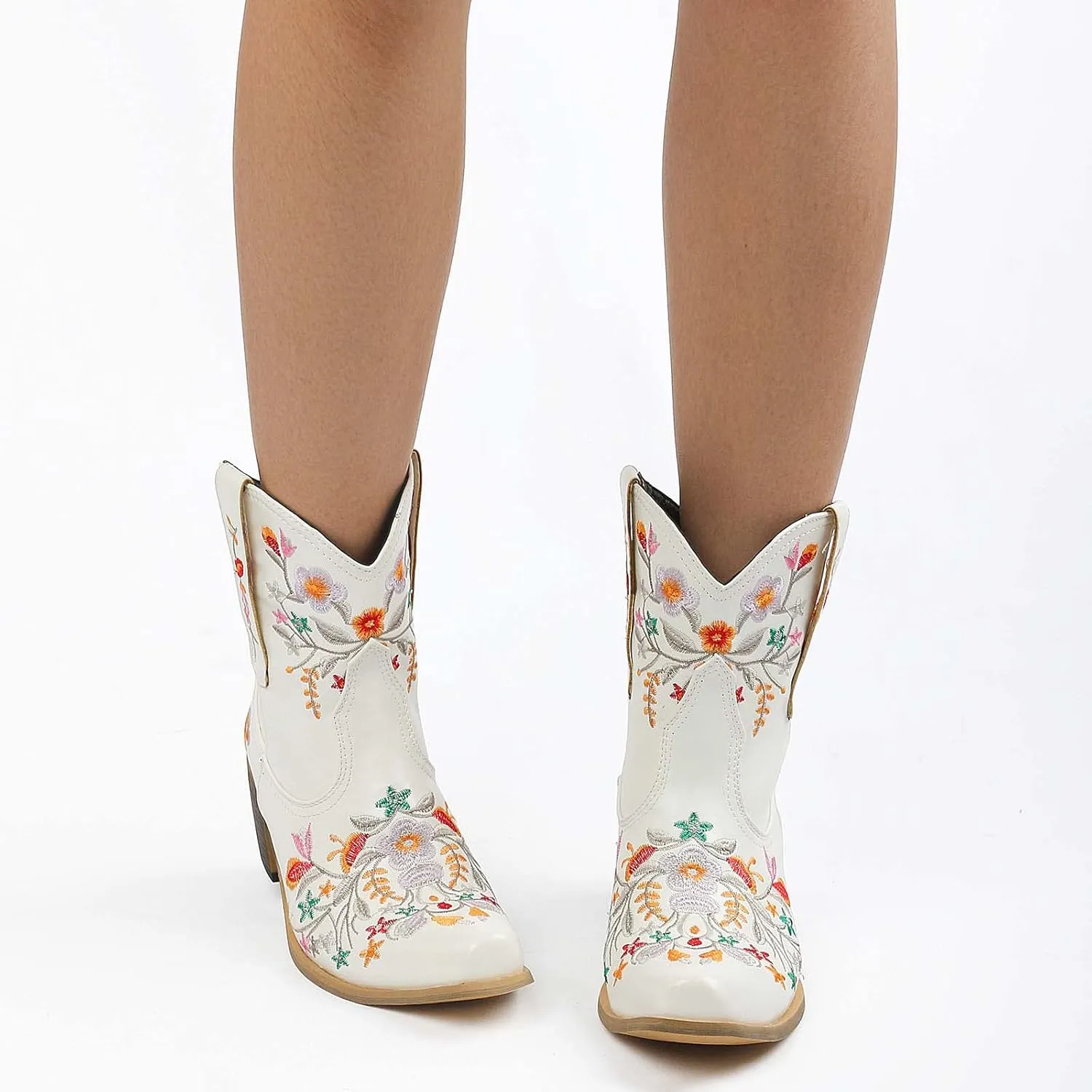CRYSIGNE Women Flower Embroidered Ankle Cowgirl Boots Square Toe Western Boots Chunky Heel Pull On Short Boots
