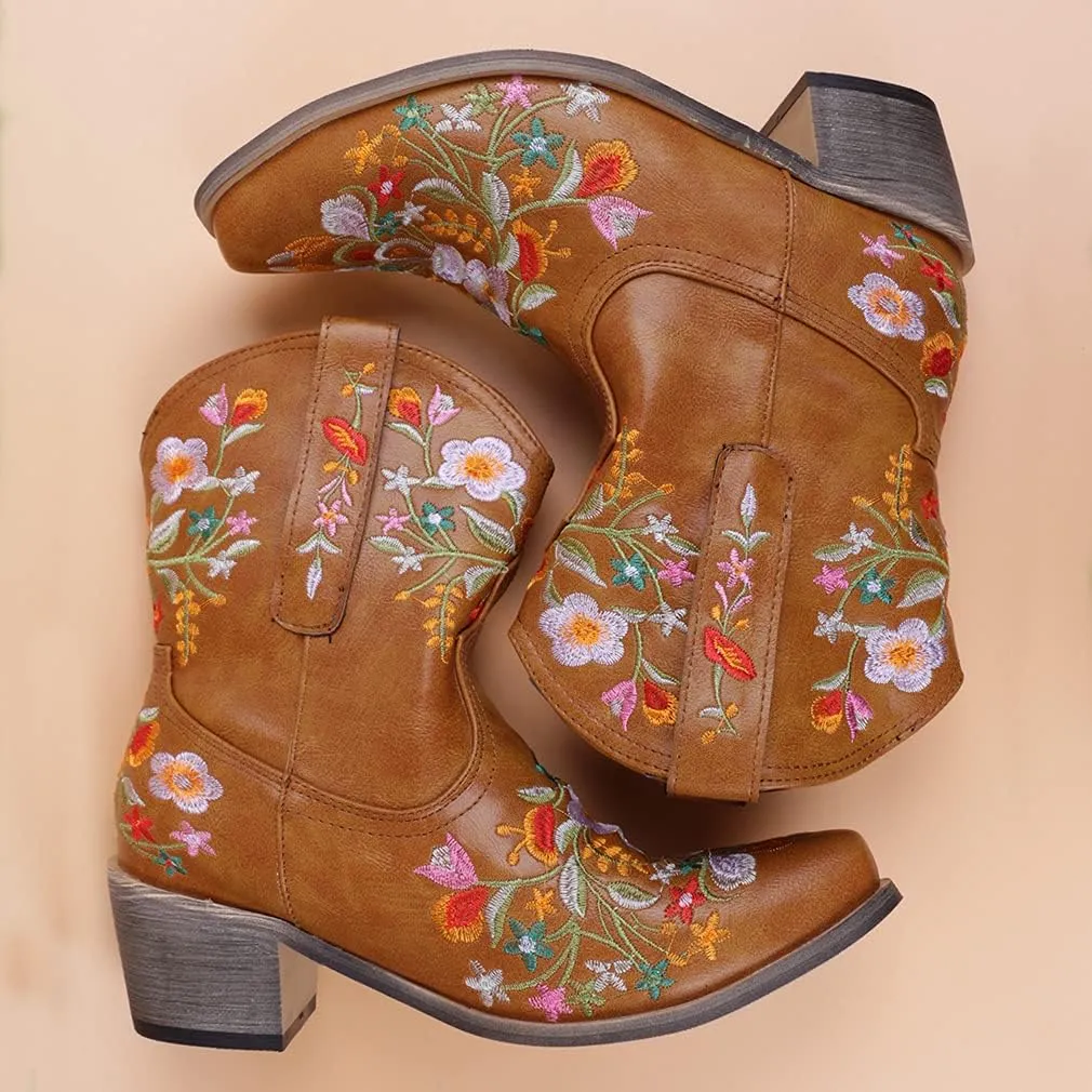 CRYSIGNE Women Flower Embroidered Ankle Cowgirl Boots Square Toe Western Boots Chunky Heel Pull On Short Boots
