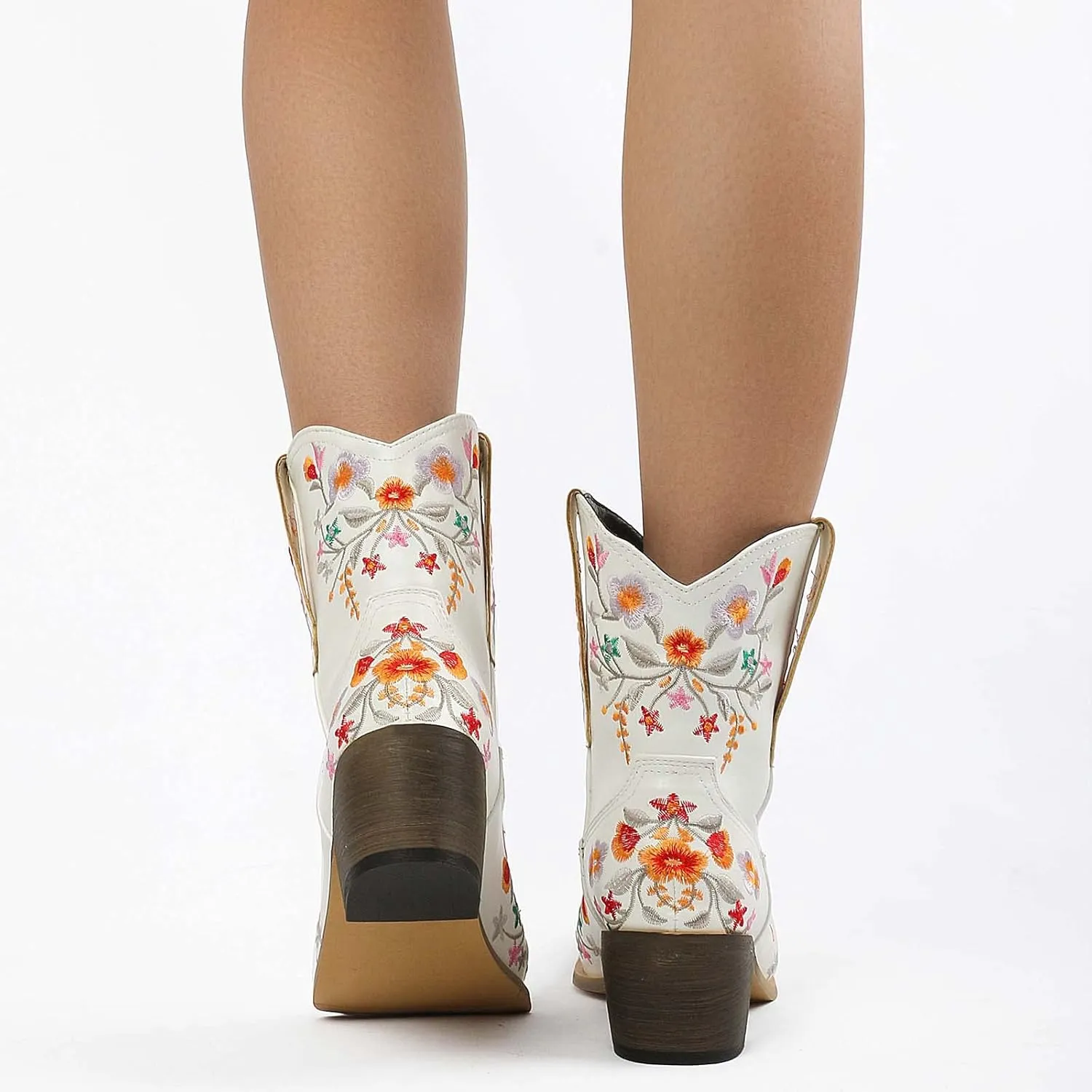 CRYSIGNE Women Flower Embroidered Ankle Cowgirl Boots Square Toe Western Boots Chunky Heel Pull On Short Boots
