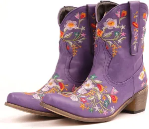 CRYSIGNE Women Flower Embroidered Ankle Cowgirl Boots Square Toe Western Boots Chunky Heel Pull On Short Boots