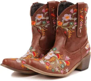 CRYSIGNE Women Flower Embroidered Ankle Cowgirl Boots Square Toe Western Boots Chunky Heel Pull On Short Boots