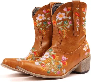 CRYSIGNE Women Flower Embroidered Ankle Cowgirl Boots Square Toe Western Boots Chunky Heel Pull On Short Boots