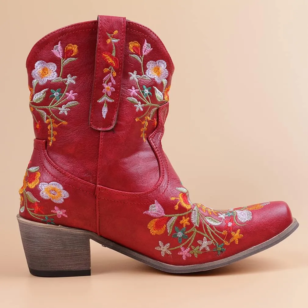 CRYSIGNE Women Flower Embroidered Ankle Cowgirl Boots Square Toe Western Boots Chunky Heel Pull On Short Boots