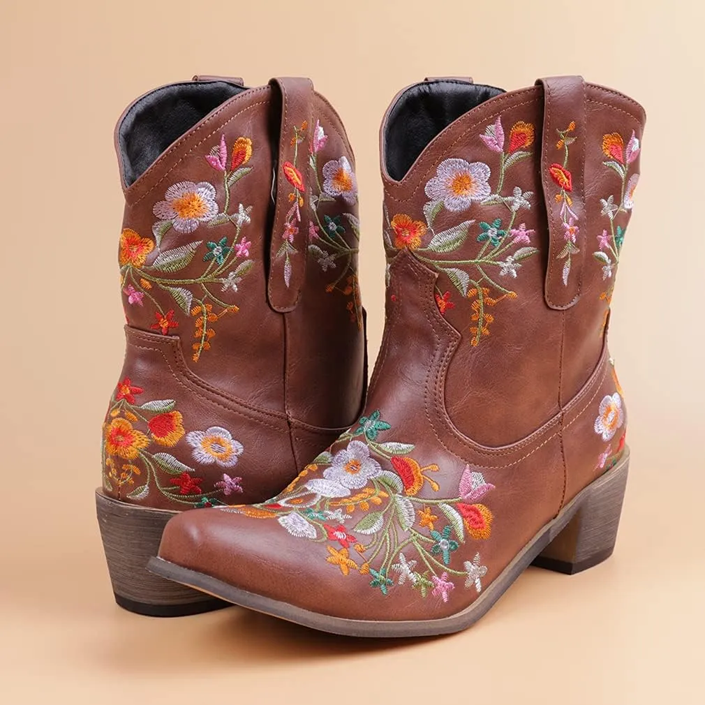 CRYSIGNE Women Flower Embroidered Ankle Cowgirl Boots Square Toe Western Boots Chunky Heel Pull On Short Boots