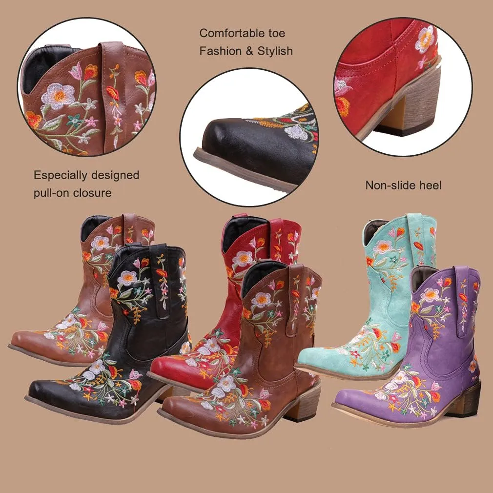 CRYSIGNE Women Flower Embroidered Ankle Cowgirl Boots Square Toe Western Boots Chunky Heel Pull On Short Boots