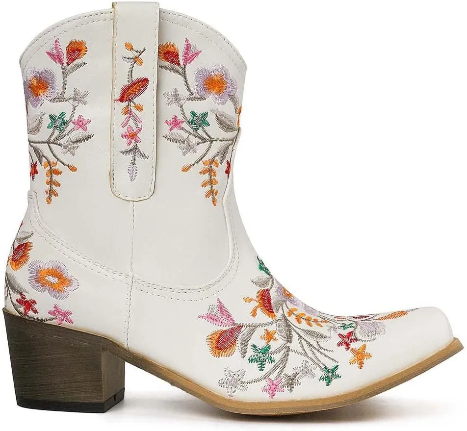 CRYSIGNE Women Flower Embroidered Ankle Cowgirl Boots Square Toe Western Boots Chunky Heel Pull On Short Boots
