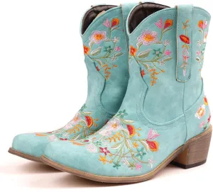 CRYSIGNE Women Flower Embroidered Ankle Cowgirl Boots Square Toe Western Boots Chunky Heel Pull On Short Boots
