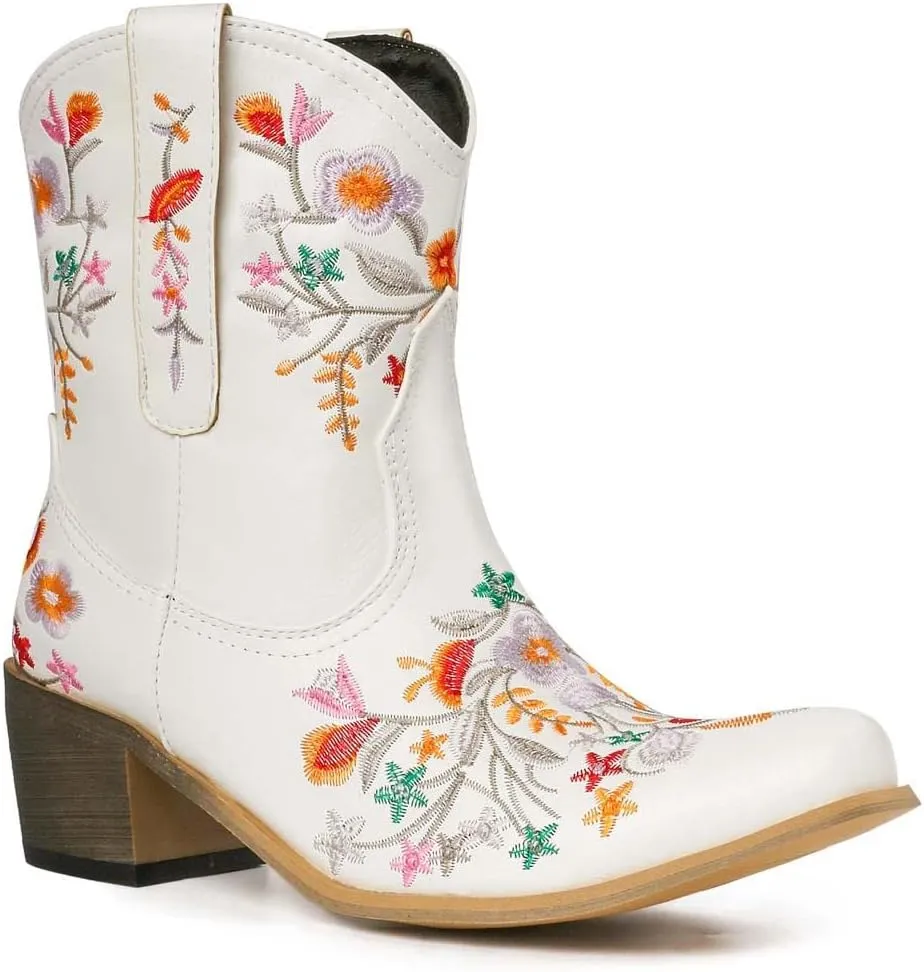 CRYSIGNE Women Flower Embroidered Ankle Cowgirl Boots Square Toe Western Boots Chunky Heel Pull On Short Boots