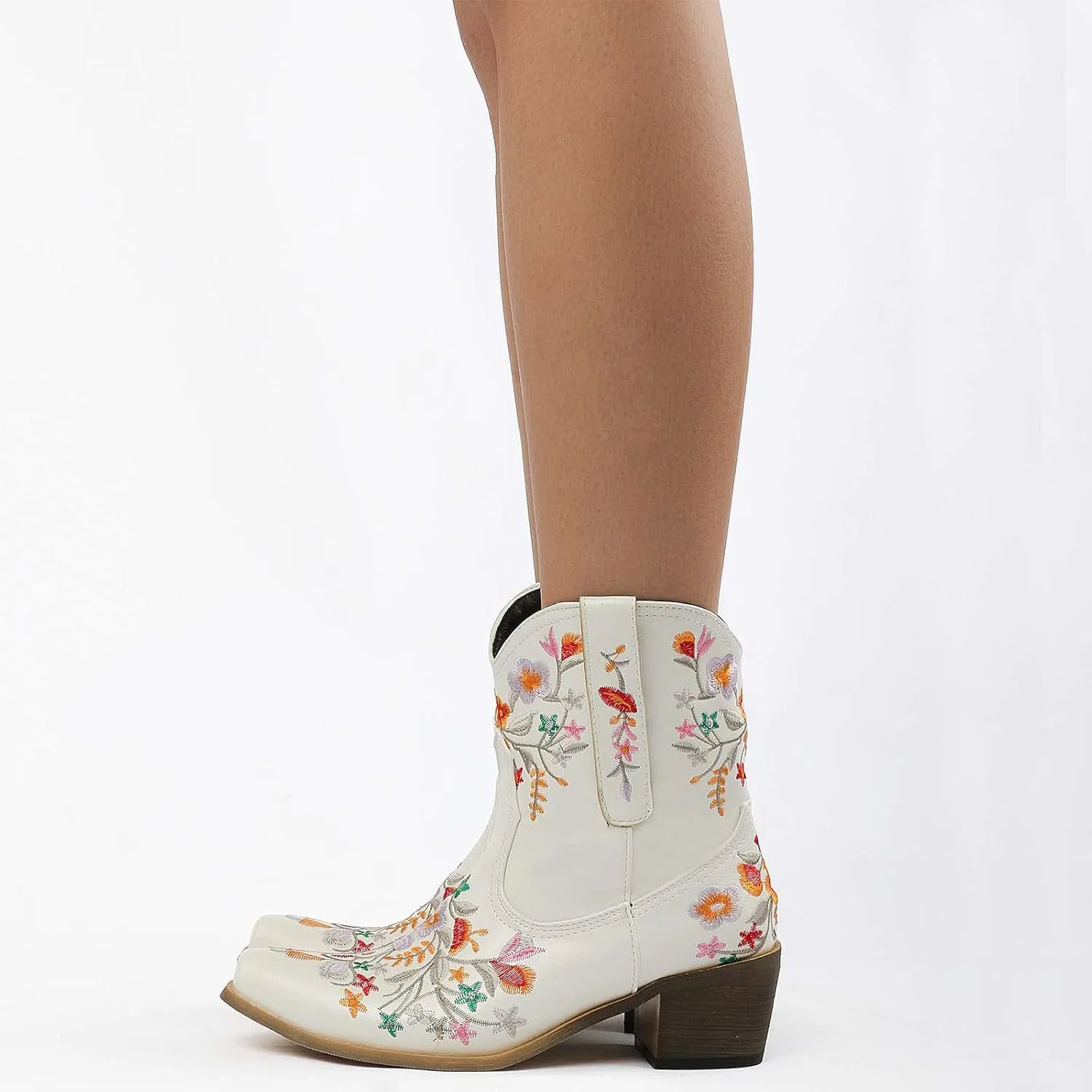 CRYSIGNE Women Flower Embroidered Ankle Cowgirl Boots Square Toe Western Boots Chunky Heel Pull On Short Boots