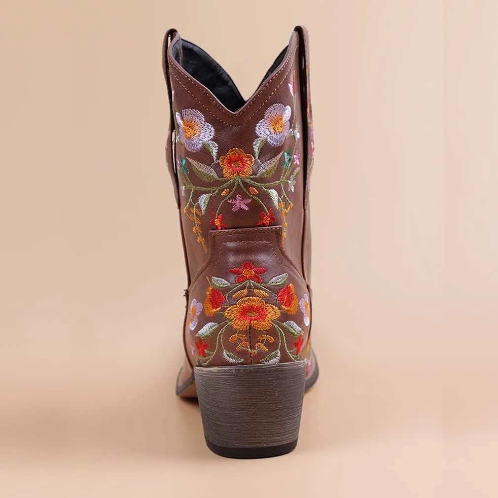 CRYSIGNE Women Flower Embroidered Ankle Cowgirl Boots Square Toe Western Boots Chunky Heel Pull On Short Boots