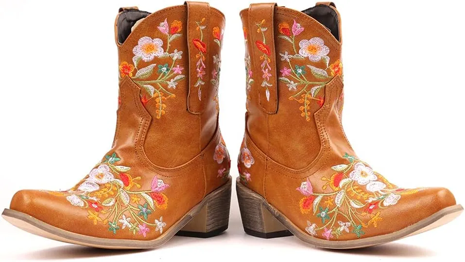 CRYSIGNE Women Flower Embroidered Ankle Cowgirl Boots Square Toe Western Boots Chunky Heel Pull On Short Boots