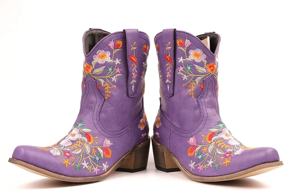 CRYSIGNE Women Flower Embroidered Ankle Cowgirl Boots Square Toe Western Boots Chunky Heel Pull On Short Boots