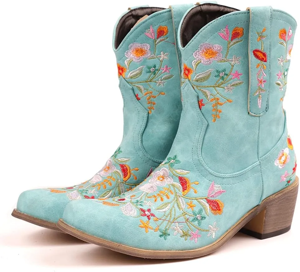CRYSIGNE Women Flower Embroidered Ankle Cowgirl Boots Square Toe Western Boots Chunky Heel Pull On Short Boots