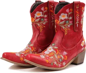 CRYSIGNE Women Flower Embroidered Ankle Cowgirl Boots Square Toe Western Boots Chunky Heel Pull On Short Boots