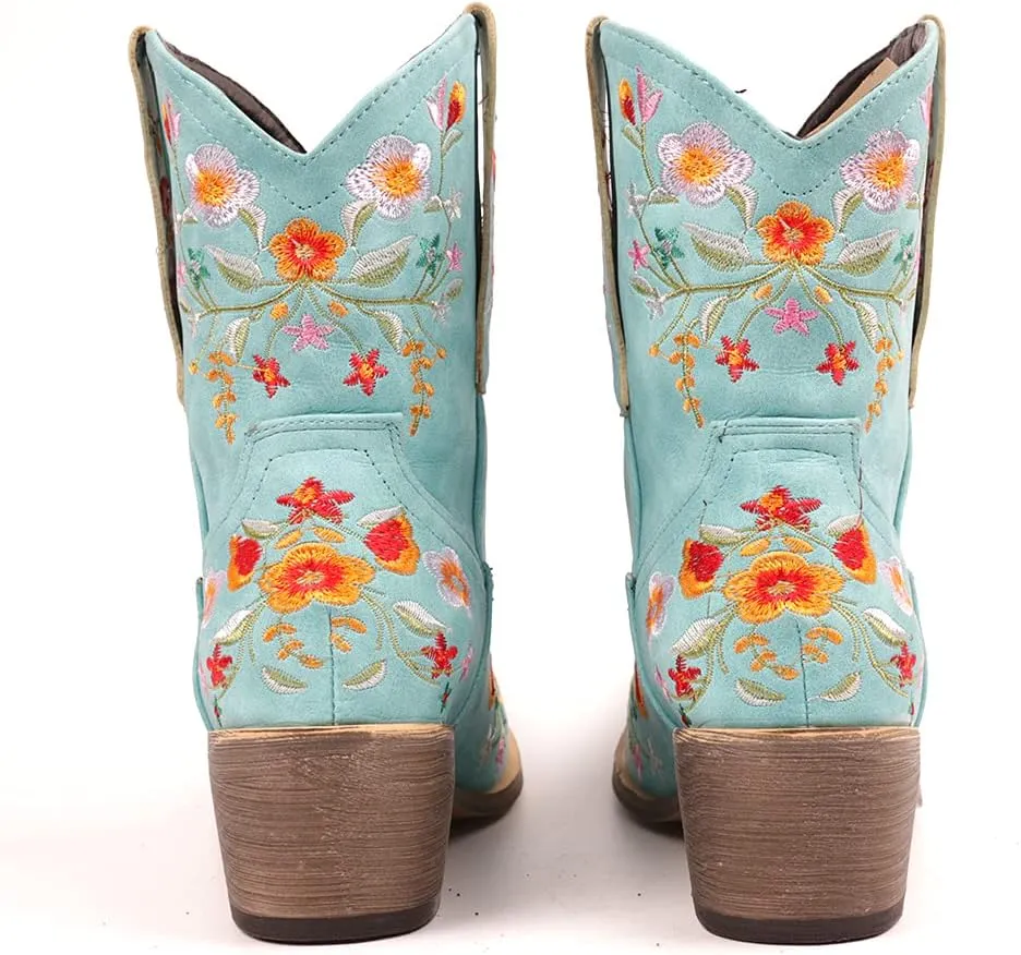 CRYSIGNE Women Flower Embroidered Ankle Cowgirl Boots Square Toe Western Boots Chunky Heel Pull On Short Boots