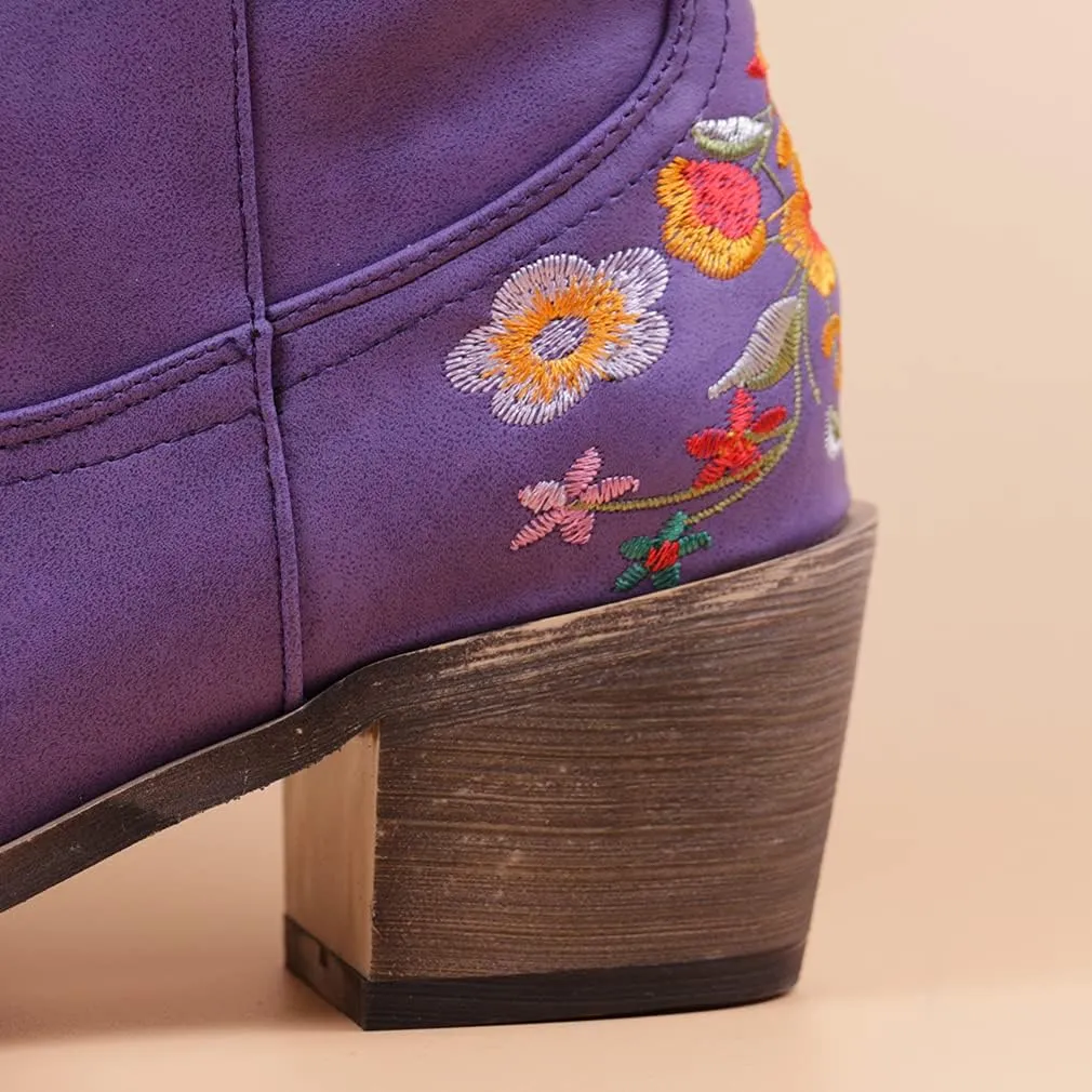 CRYSIGNE Women Flower Embroidered Ankle Cowgirl Boots Square Toe Western Boots Chunky Heel Pull On Short Boots