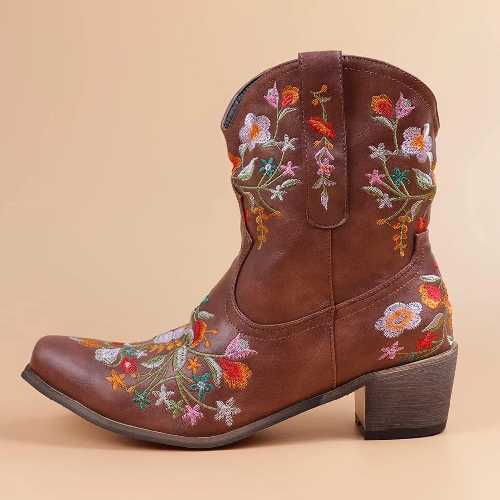 CRYSIGNE Women Flower Embroidered Ankle Cowgirl Boots Square Toe Western Boots Chunky Heel Pull On Short Boots