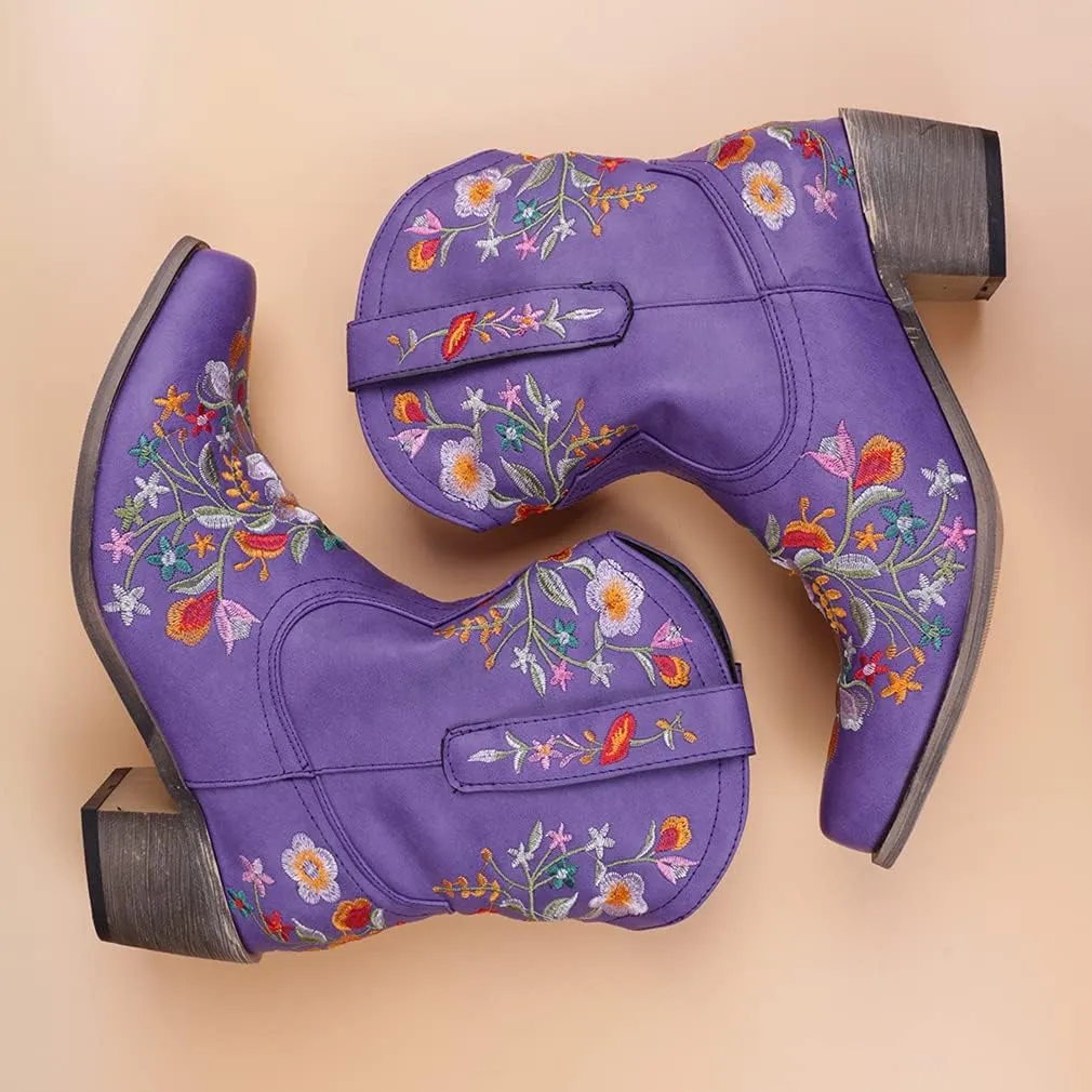 CRYSIGNE Women Flower Embroidered Ankle Cowgirl Boots Square Toe Western Boots Chunky Heel Pull On Short Boots