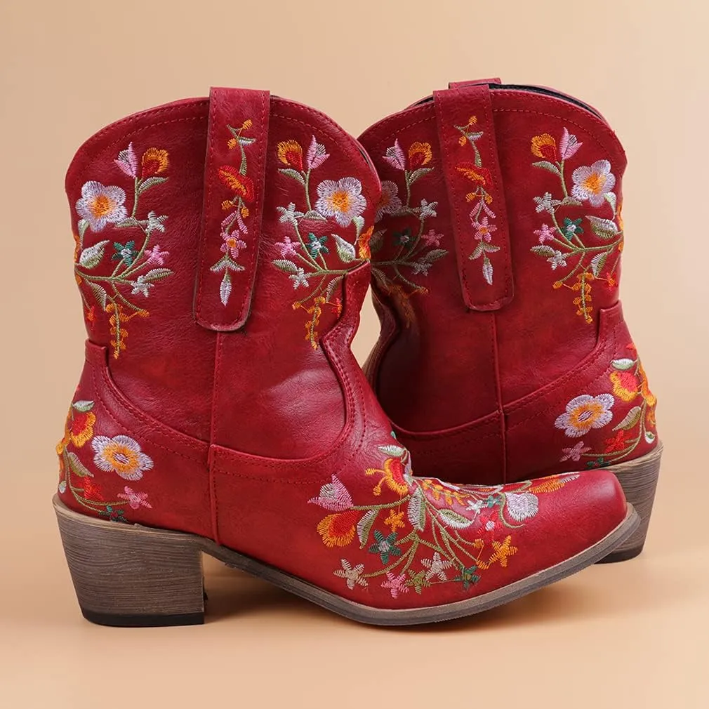 CRYSIGNE Women Flower Embroidered Ankle Cowgirl Boots Square Toe Western Boots Chunky Heel Pull On Short Boots