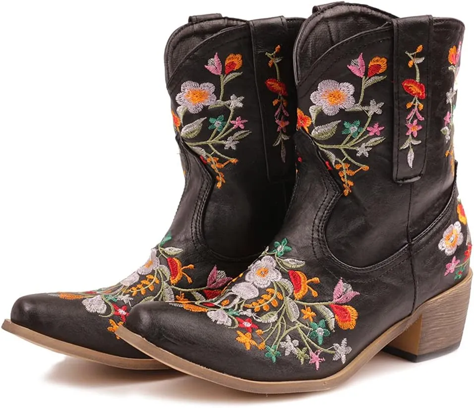 CRYSIGNE Women Flower Embroidered Ankle Cowgirl Boots Square Toe Western Boots Chunky Heel Pull On Short Boots