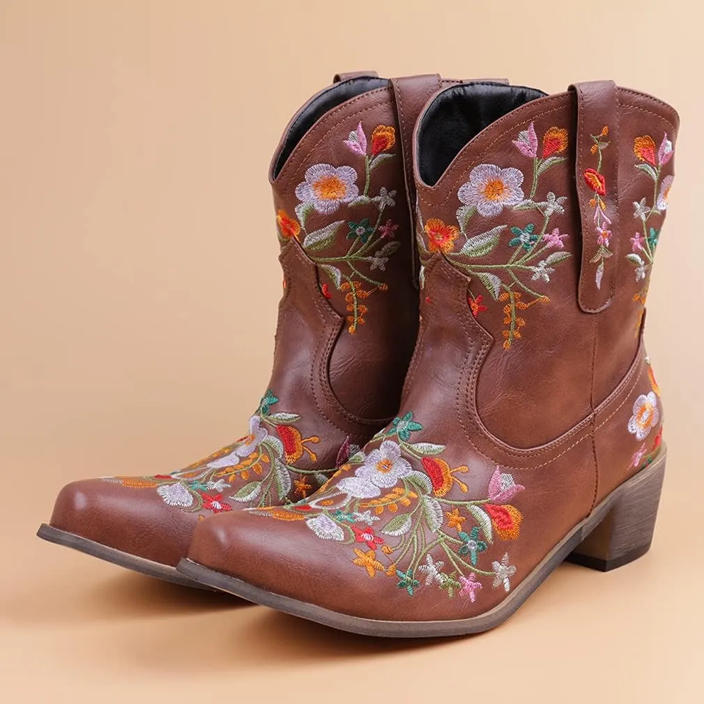 CRYSIGNE Women Flower Embroidered Ankle Cowgirl Boots Square Toe Western Boots Chunky Heel Pull On Short Boots
