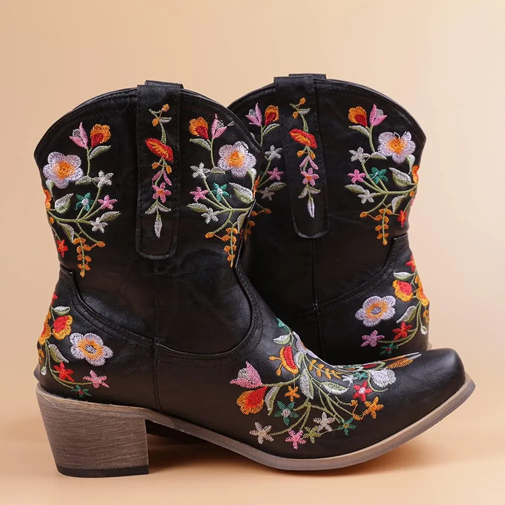 CRYSIGNE Women Flower Embroidered Ankle Cowgirl Boots Square Toe Western Boots Chunky Heel Pull On Short Boots