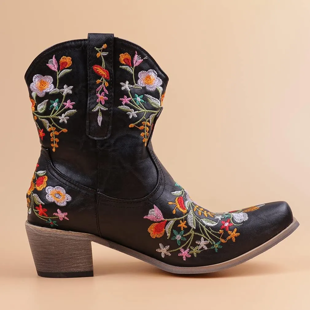 CRYSIGNE Women Flower Embroidered Ankle Cowgirl Boots Square Toe Western Boots Chunky Heel Pull On Short Boots