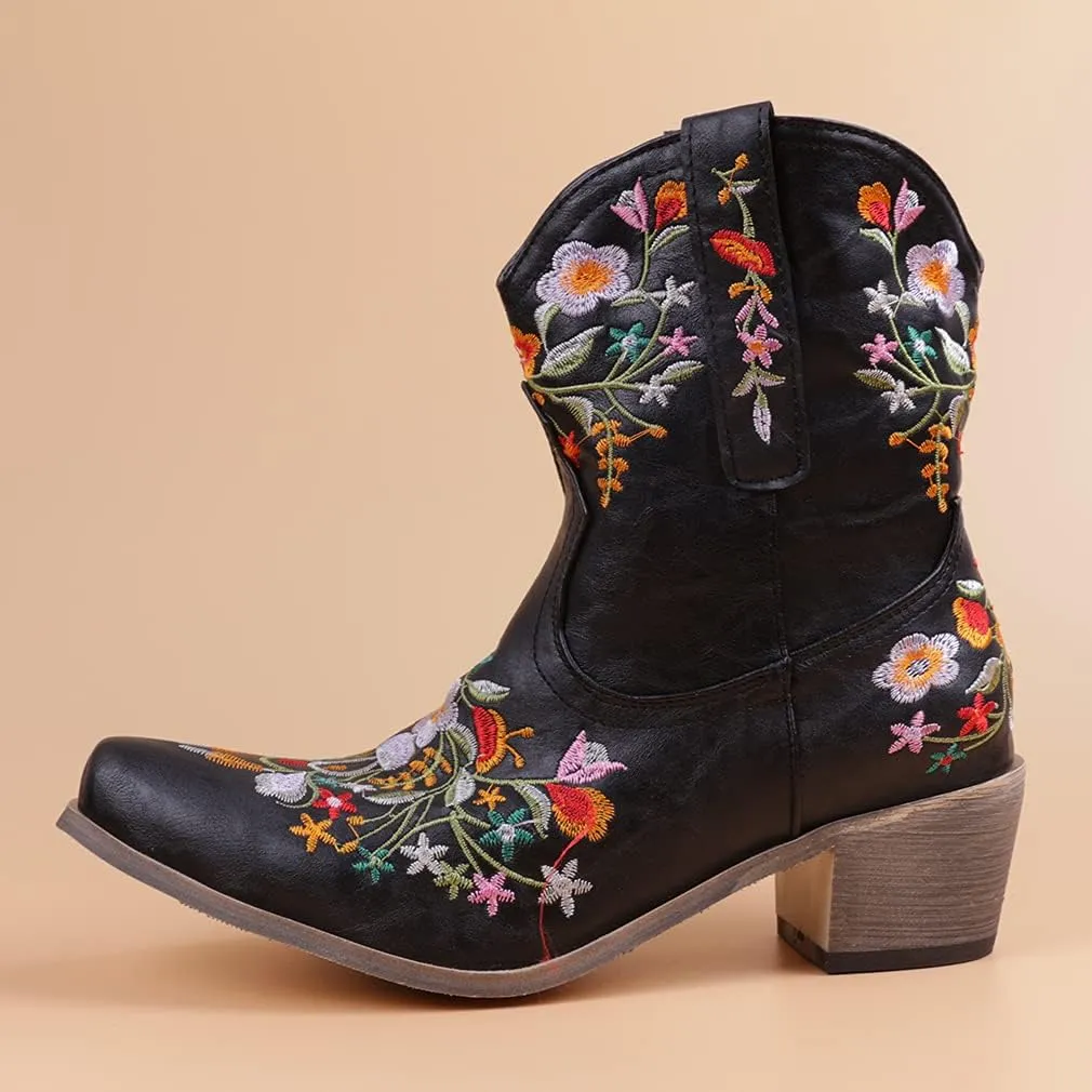 CRYSIGNE Women Flower Embroidered Ankle Cowgirl Boots Square Toe Western Boots Chunky Heel Pull On Short Boots