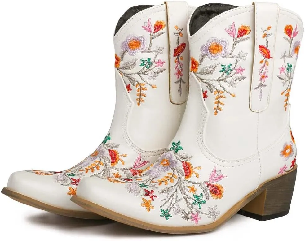 CRYSIGNE Women Flower Embroidered Ankle Cowgirl Boots Square Toe Western Boots Chunky Heel Pull On Short Boots