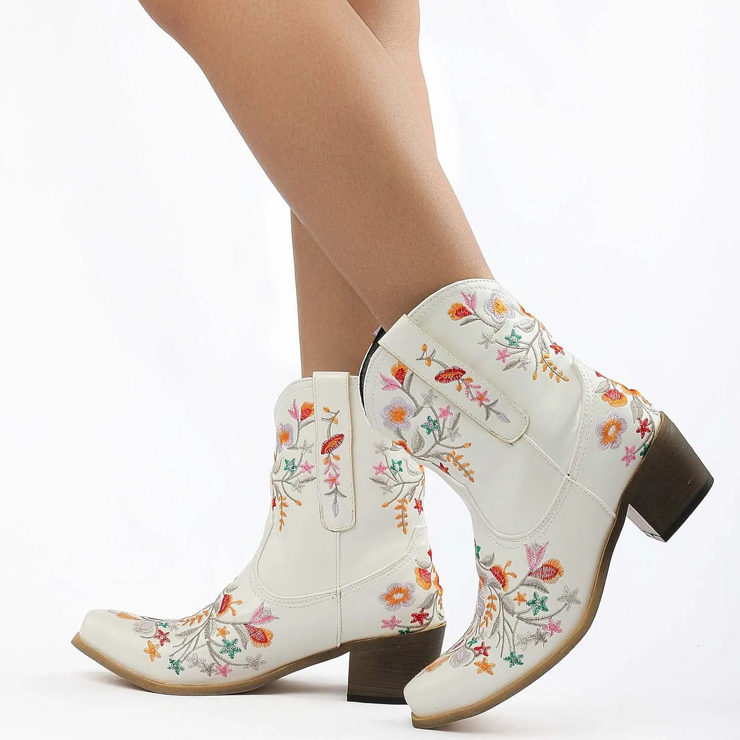 CRYSIGNE Women Flower Embroidered Ankle Cowgirl Boots Square Toe Western Boots Chunky Heel Pull On Short Boots