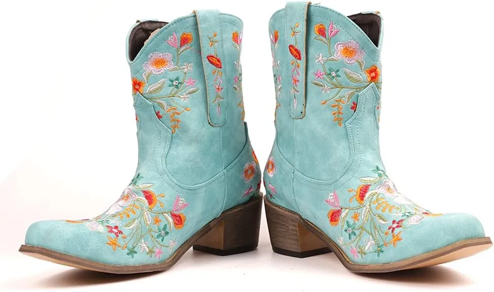 CRYSIGNE Women Flower Embroidered Ankle Cowgirl Boots Square Toe Western Boots Chunky Heel Pull On Short Boots