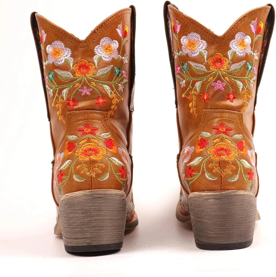 CRYSIGNE Women Flower Embroidered Ankle Cowgirl Boots Square Toe Western Boots Chunky Heel Pull On Short Boots