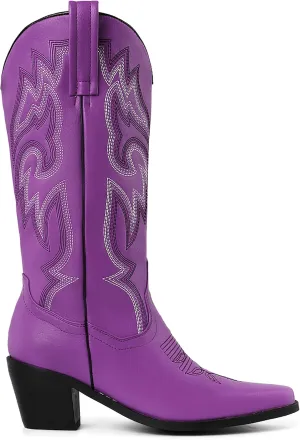 CRYSIGNE Women Vintage Embroidered Mid Calf Cowboy Cowgirl Boots Ladies Snip Toe Pull On Chunky Heel Western Boots