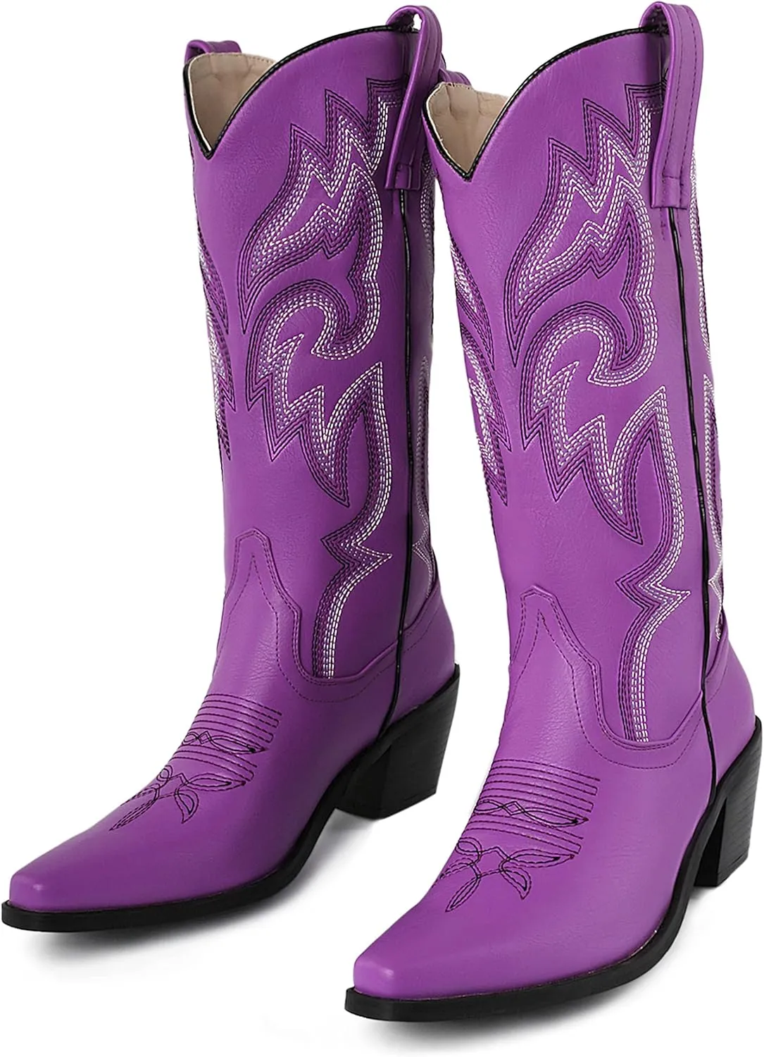 CRYSIGNE Women Vintage Embroidered Mid Calf Cowboy Cowgirl Boots Ladies Snip Toe Pull On Chunky Heel Western Boots