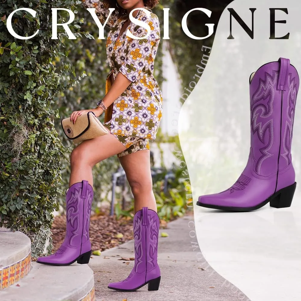 CRYSIGNE Women Vintage Embroidered Mid Calf Cowboy Cowgirl Boots Ladies Snip Toe Pull On Chunky Heel Western Boots