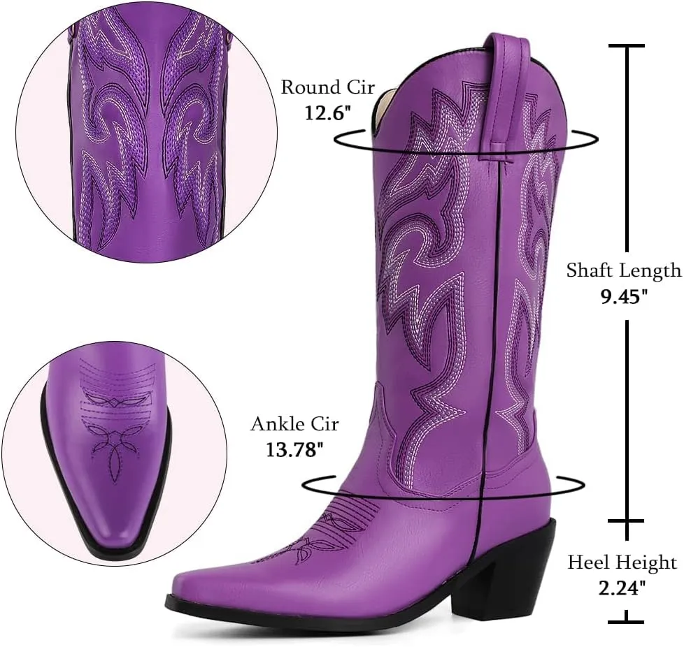 CRYSIGNE Women Vintage Embroidered Mid Calf Cowboy Cowgirl Boots Ladies Snip Toe Pull On Chunky Heel Western Boots