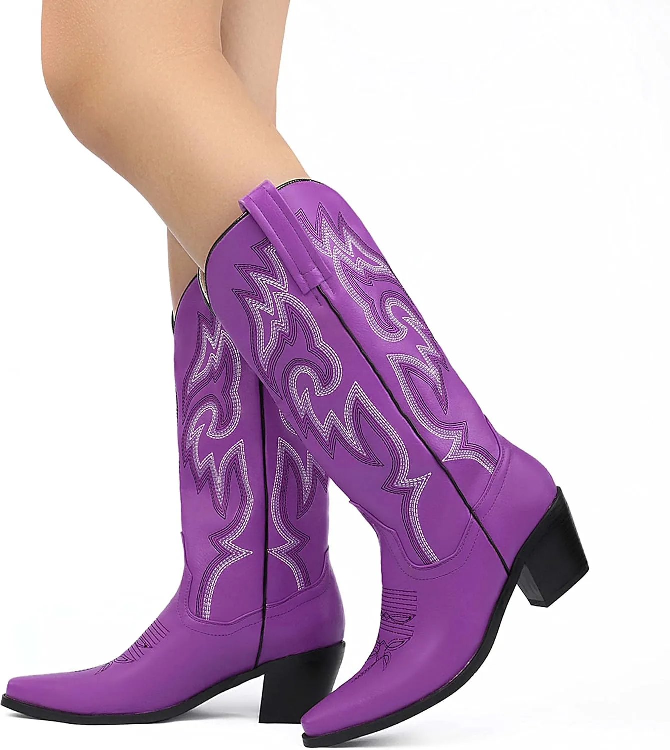 CRYSIGNE Women Vintage Embroidered Mid Calf Cowboy Cowgirl Boots Ladies Snip Toe Pull On Chunky Heel Western Boots