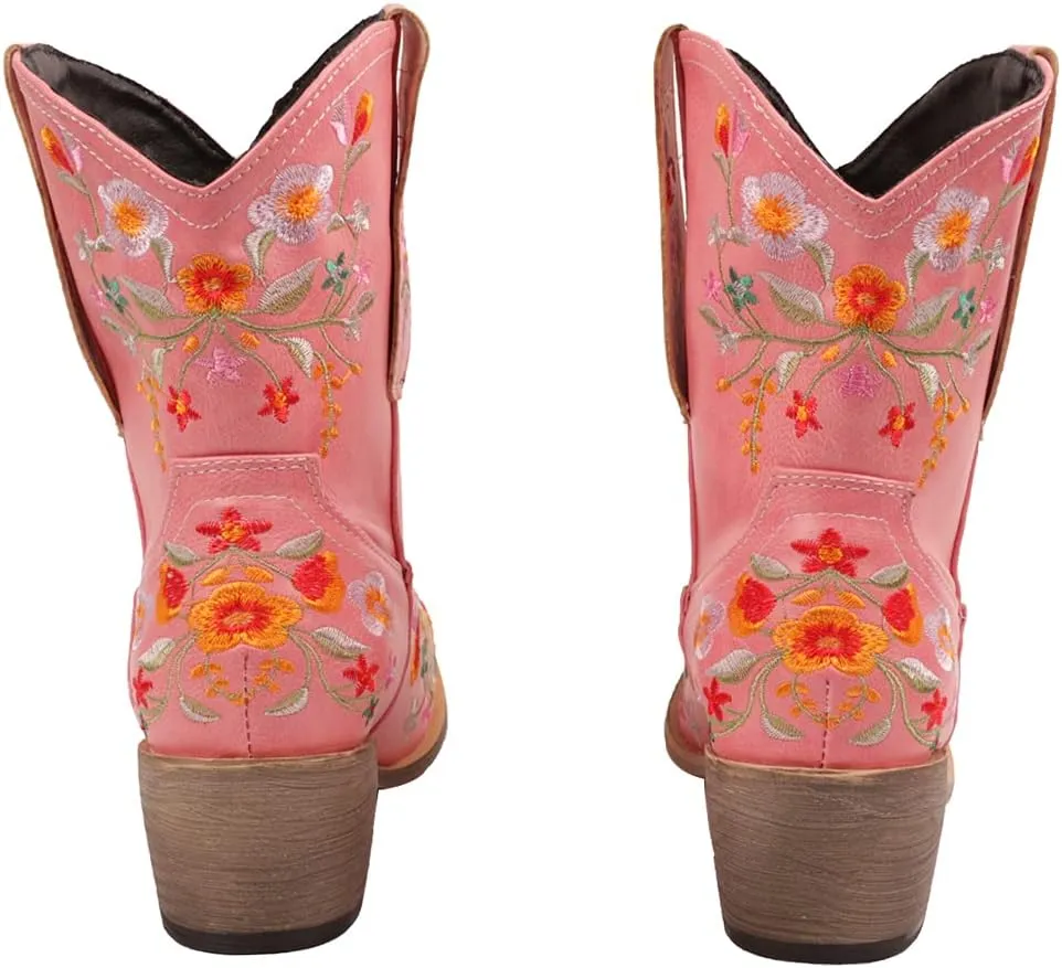 CRYSIGNE Women's Flower Embroidered Ankle Cowgirl Boots: White, Chunky Heel, Pull-On, All-Season, Floral, Casual, Boots, Bootie, Chunky Platform Heels, Embroidered