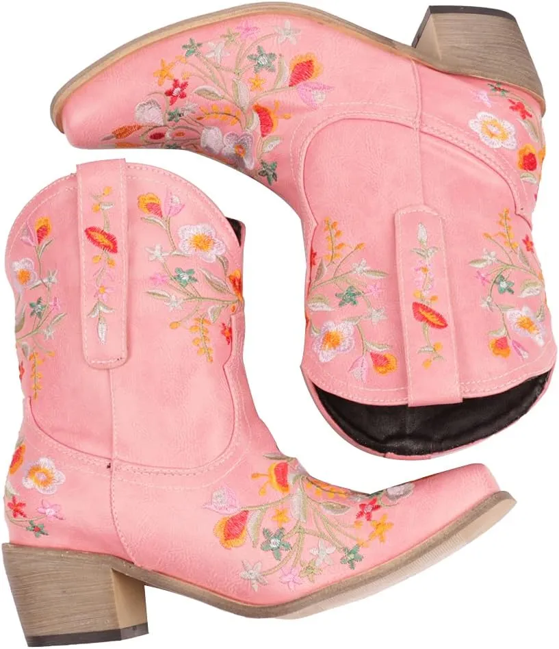 CRYSIGNE Women's Flower Embroidered Ankle Cowgirl Boots: White, Chunky Heel, Pull-On, All-Season, Floral, Casual, Boots, Bootie, Chunky Platform Heels, Embroidered