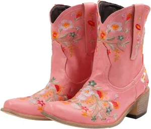 CRYSIGNE Women's Flower Embroidered Ankle Cowgirl Boots: White, Chunky Heel, Pull-On, All-Season, Floral, Casual, Boots, Bootie, Chunky Platform Heels, Embroidered