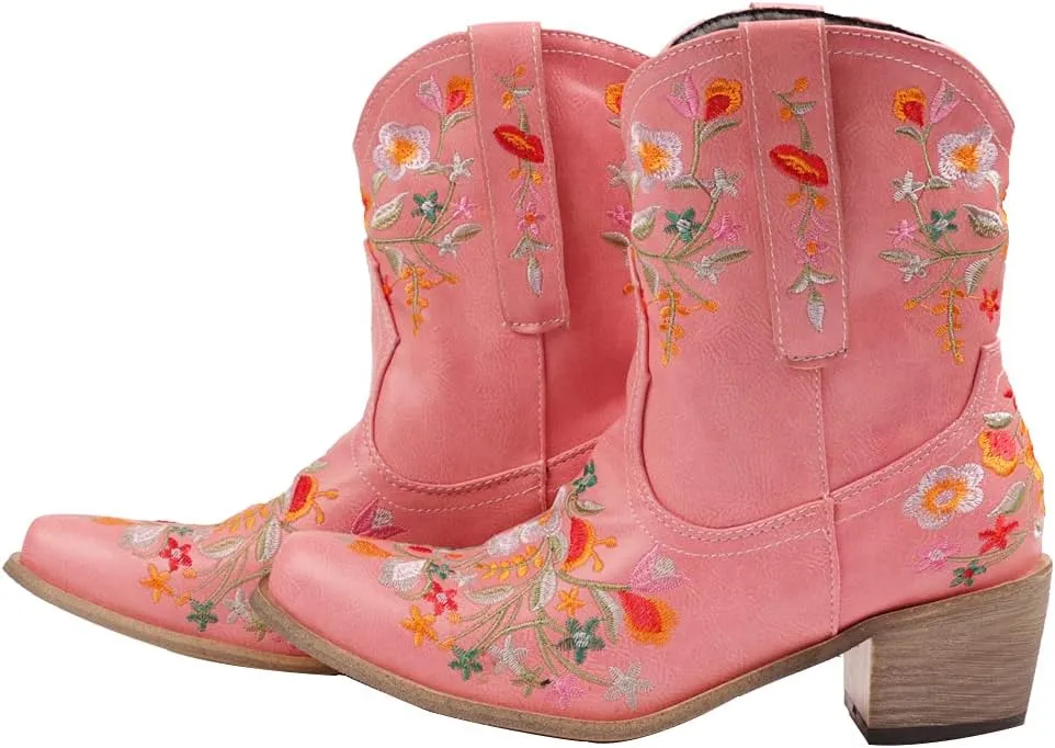 CRYSIGNE Women's Flower Embroidered Ankle Cowgirl Boots: White, Chunky Heel, Pull-On, All-Season, Floral, Casual, Boots, Bootie, Chunky Platform Heels, Embroidered