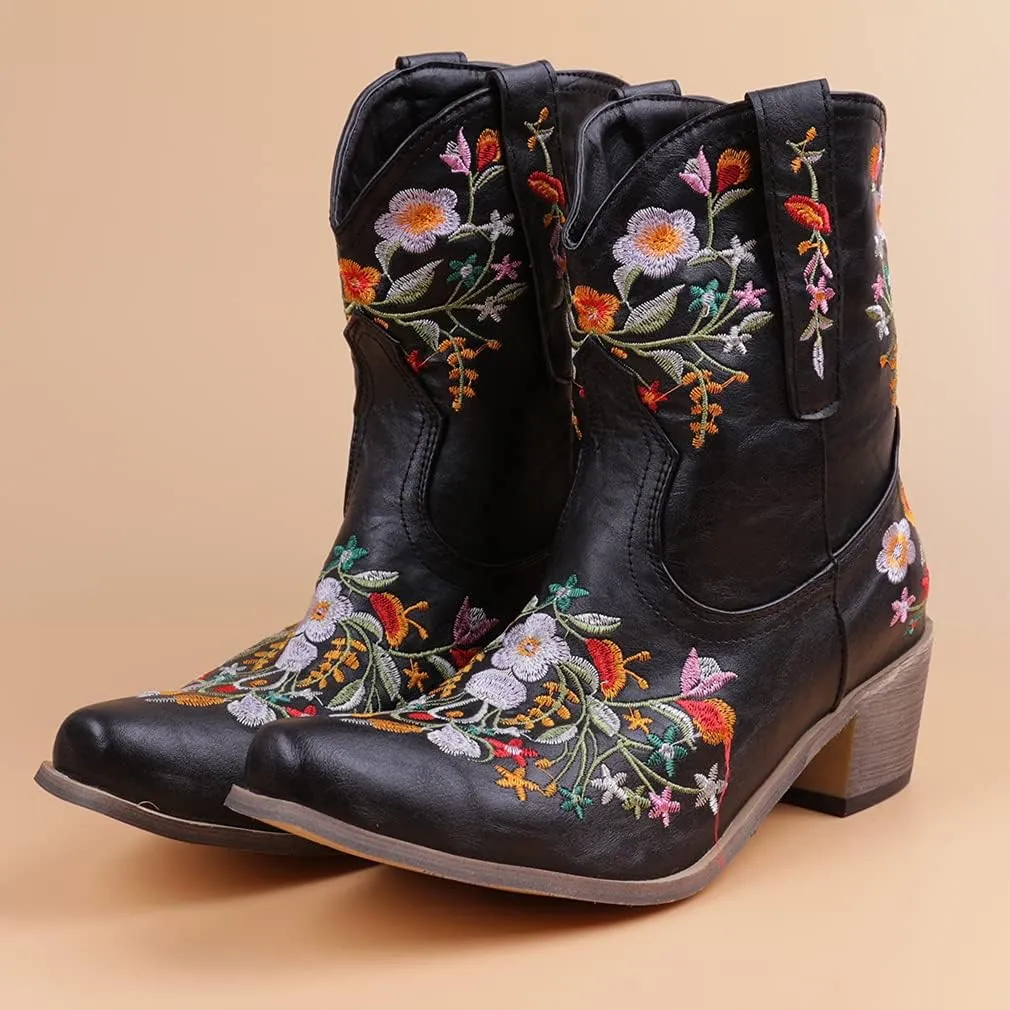 CRYSIGNE Women's Flower Embroidered Ankle Cowgirl Boots: White, Chunky Heel, Pull-On, All-Season, Floral, Casual, Boots, Bootie, Chunky Platform Heels, Embroidered