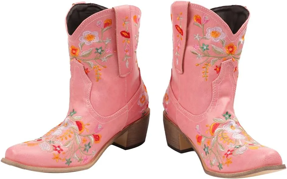 CRYSIGNE Women's Flower Embroidered Ankle Cowgirl Boots: White, Chunky Heel, Pull-On, All-Season, Floral, Casual, Boots, Bootie, Chunky Platform Heels, Embroidered
