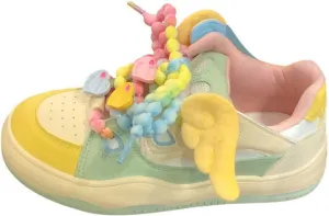 Cute Heart & Wings Letter Sneakers for Women Dopamine Color Lace-Up Walking Shoes Rubber Sole Lace Up Shoes
