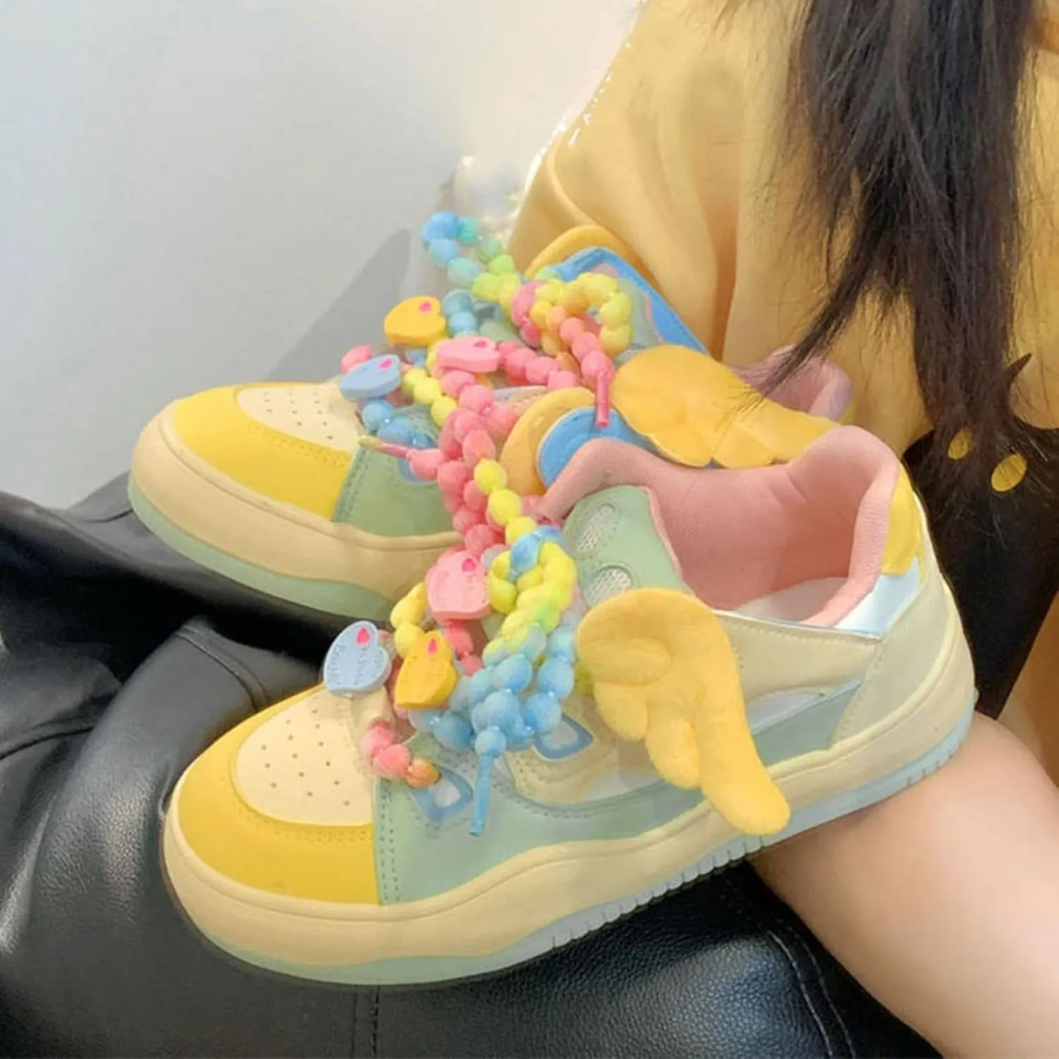 Cute Heart & Wings Letter Sneakers for Women Dopamine Color Lace-Up Walking Shoes Rubber Sole Lace Up Shoes